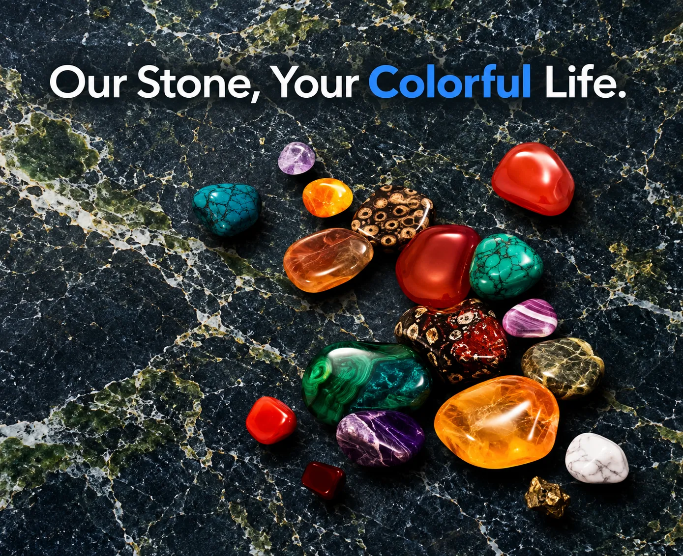 Bìa hồ sơ năng lực IBS: dòng chữ “Our Stone, Your Colorful Life.” trên bề mặt đá tự nhiên cùng những viên đá quý nhiều màu sắc